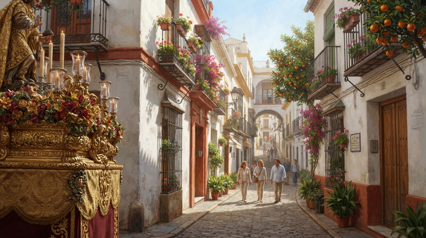 Editorial illustration of A narrow Seville street at golden midday, orange trees heavy with fruit lining whitewashed walls, wrought-iron balconies