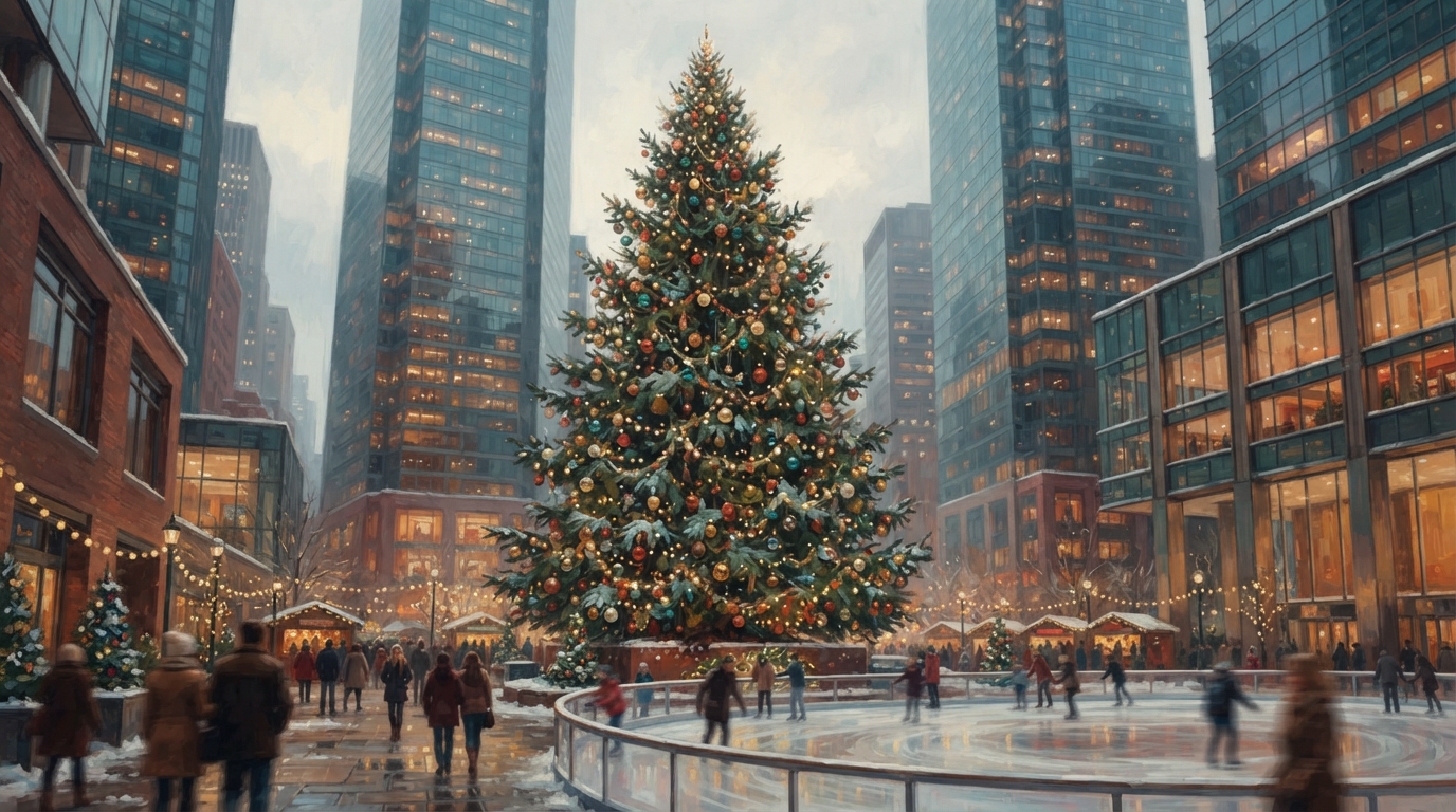 Editorial illustration of The base of a towering fir tree strung with countless warm bulbs and glass ornaments, dwarfed by the glass-and-steel fac