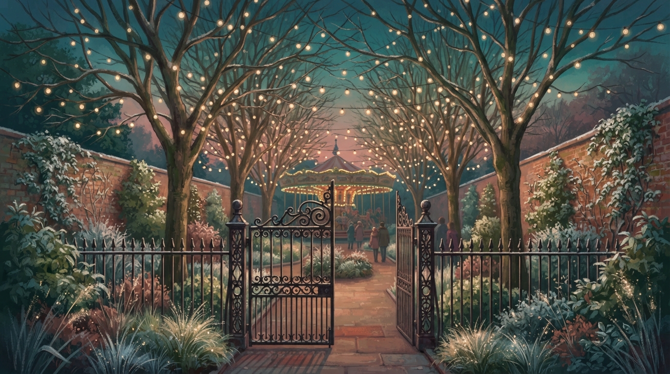 Editorial illustration of A walled garden at dusk strung with thousands of small warm lights threaded through bare tree branches, a painted carous