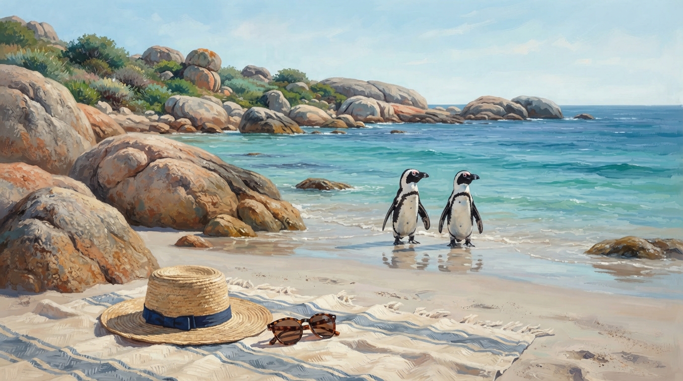 Editorial illustration of Smooth granite boulders on a bright summer beach, two African penguins standing at the waterline against turquoise water