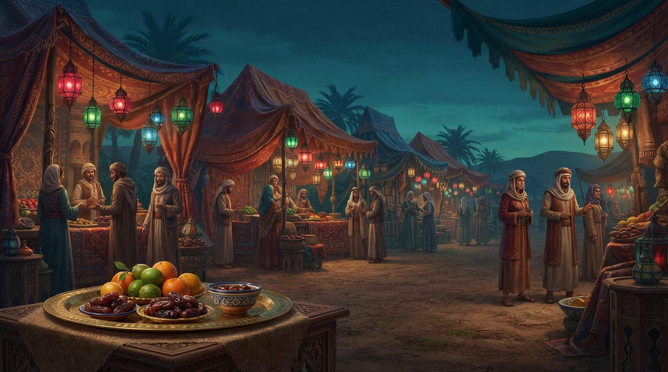 Editorial illustration of A row of ornate desert-night market pavilions strung with paper lanterns in jewel tones, low palm silhouettes against a 