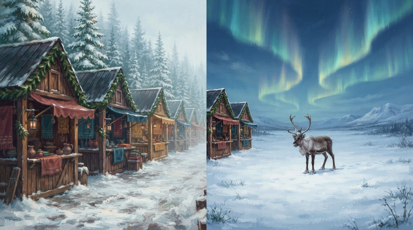 Editorial illustration of A single wide scene split cleanly down the center, representing best travel destinations for christmas 2026