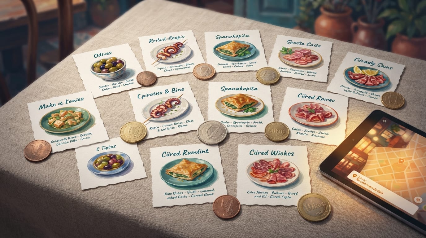 A dozen small menu cards fanned across a tablecloth, each paired with a coin of a different size