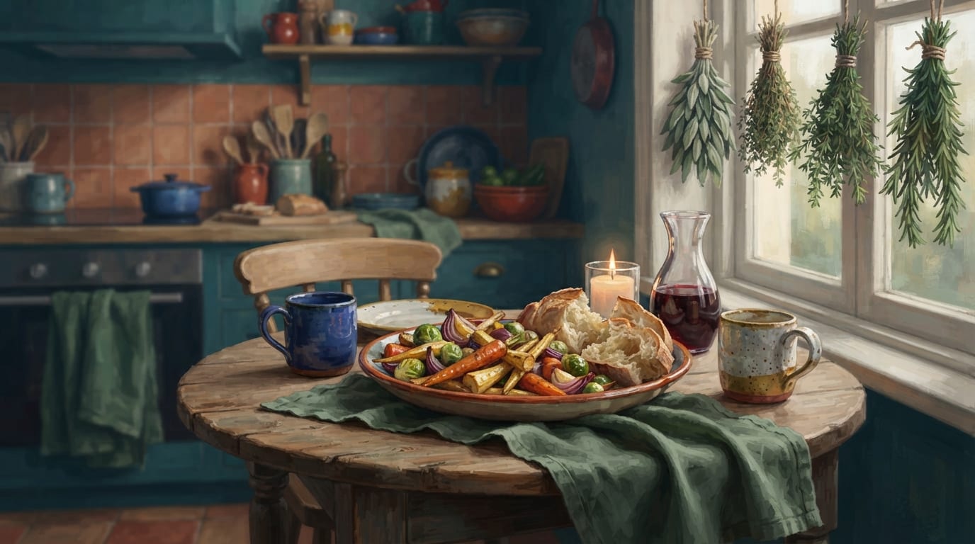 A small shared table set for two inside a home kitchen, candlelight and a communal platter between them