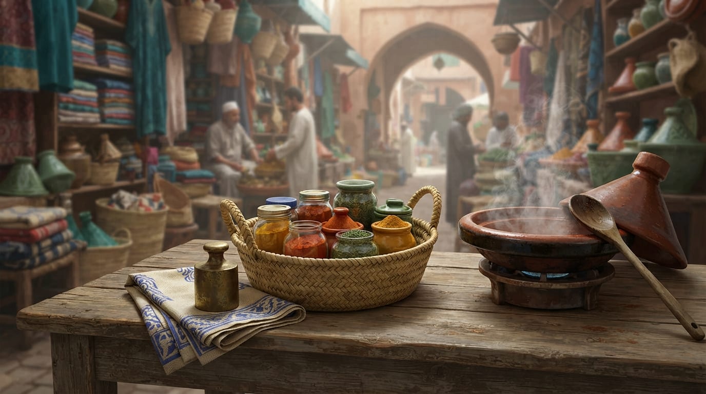 A woven market basket of spice jars beside a steaming clay cooking pot