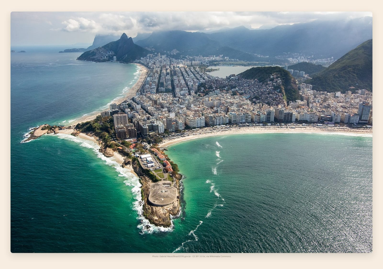 Copacabana's fort-tipped headland and curving high-rise beachfront curl into the sea, framed by jungle peaks