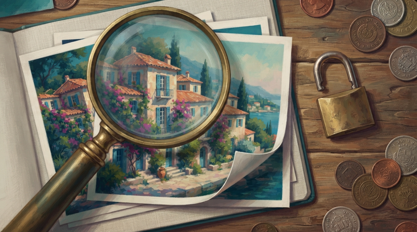 Editorial illustration of Overhead flat-lay of a large magnifying glass hovering above a stack of nearly identical vacation-rental photographs, th