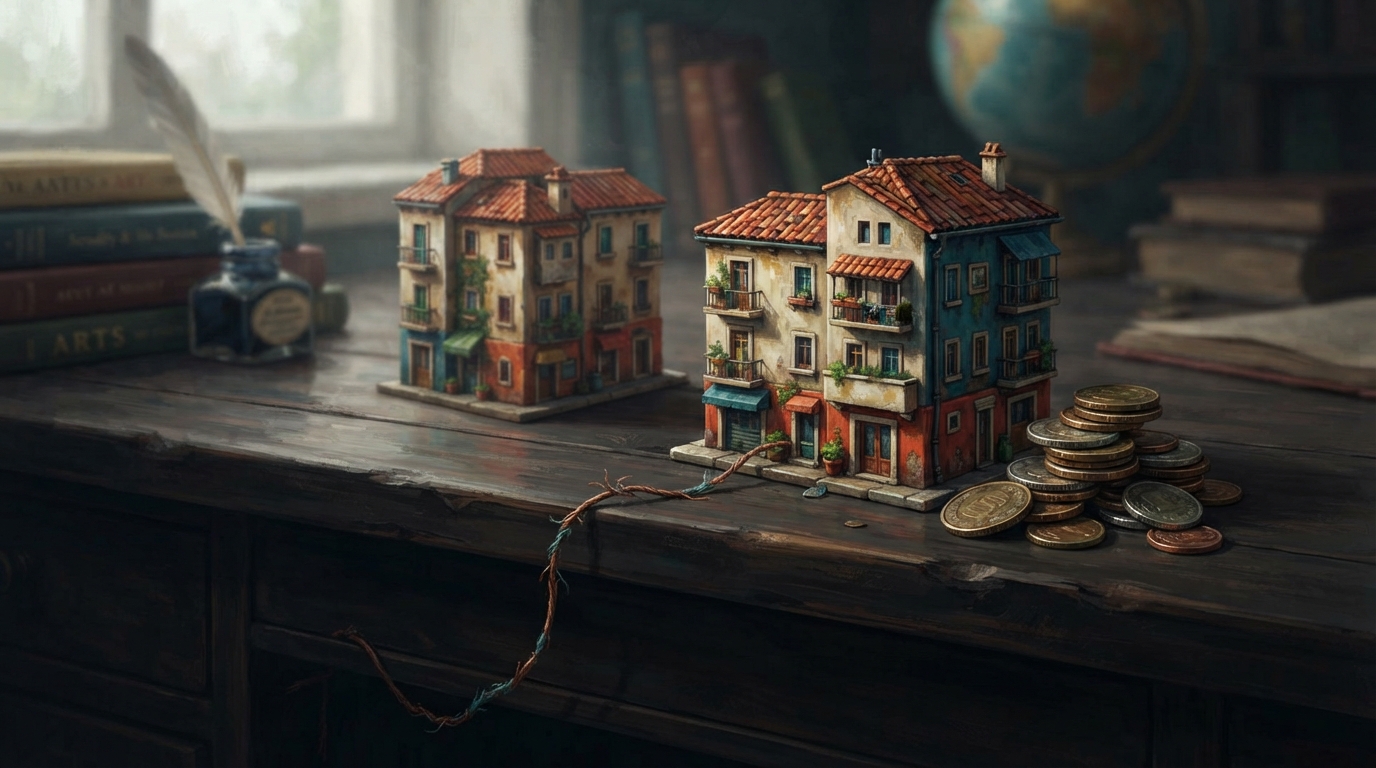 Editorial illustration of A small architectural model of a terracotta-roofed apartment building sits duplicated twice on a dark wooden desk, one n