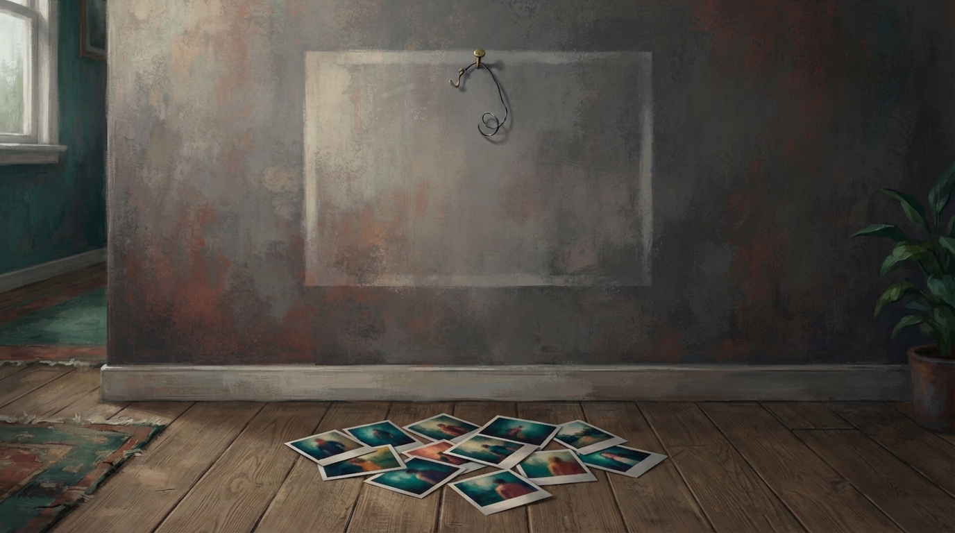Editorial illustration of A faded rectangular patch of dust marks a bare wall where a large framed photograph clearly hung only days ago, a bent p