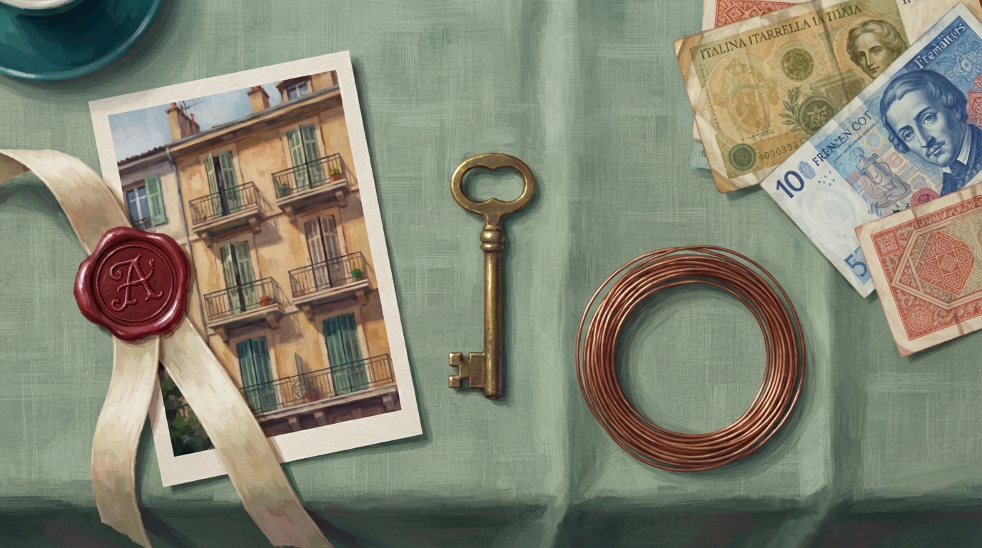 Editorial illustration of Overhead flat-lay on a linen tablecloth: a round wax seal freshly stamped onto a photograph of an apartment building, pr