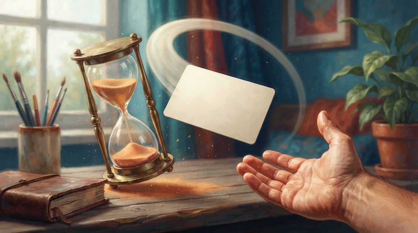 Editorial illustration of A single blank credit card frozen mid-flight along a curved boomerang trajectory, arcing back toward an open outstretche