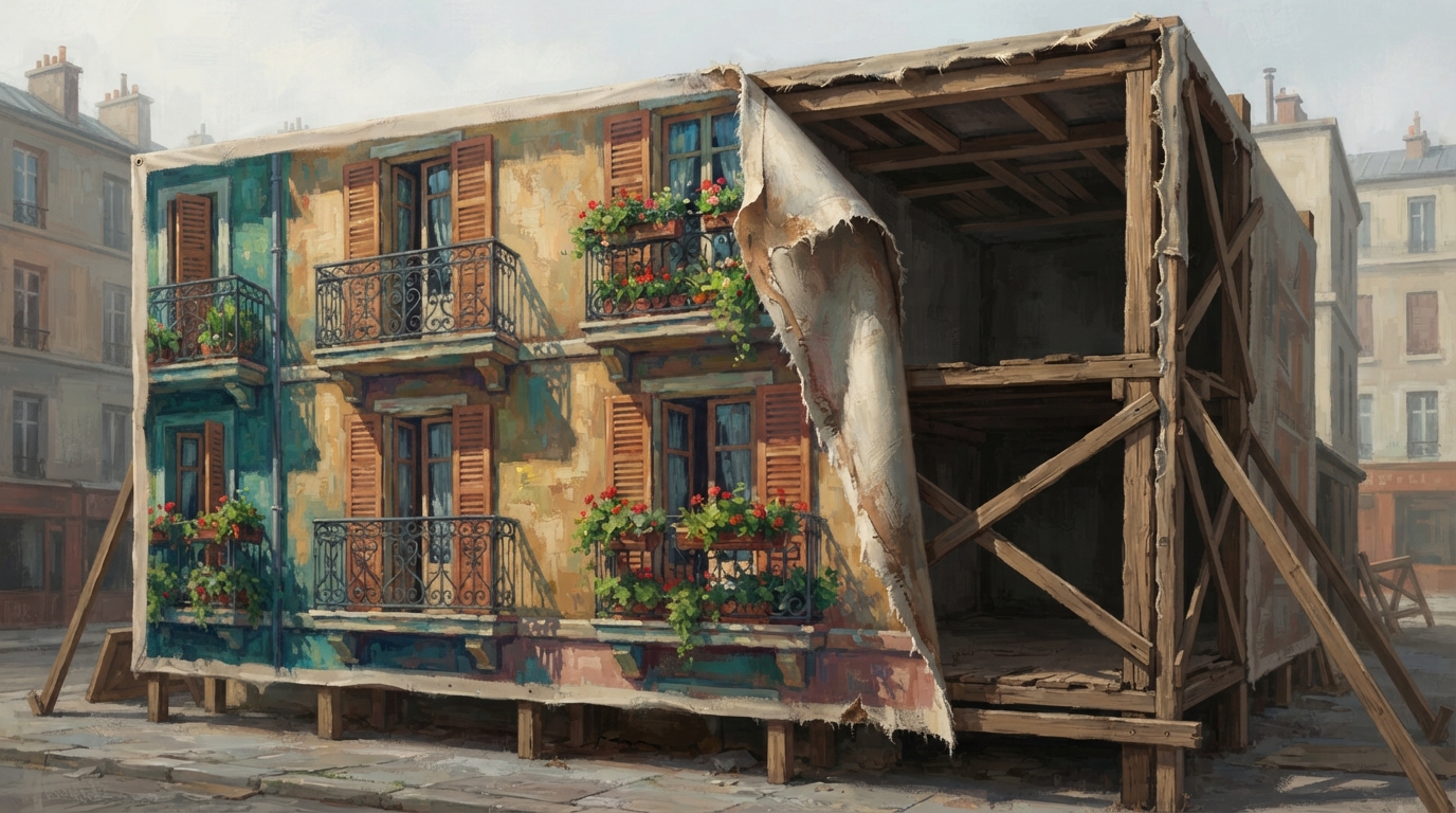 Editorial illustration of A charming ochre-walled apartment facade with wrought-iron balconies, flowering window boxes, and warm terracotta shutte, representing how to spot a fake airbnb listing