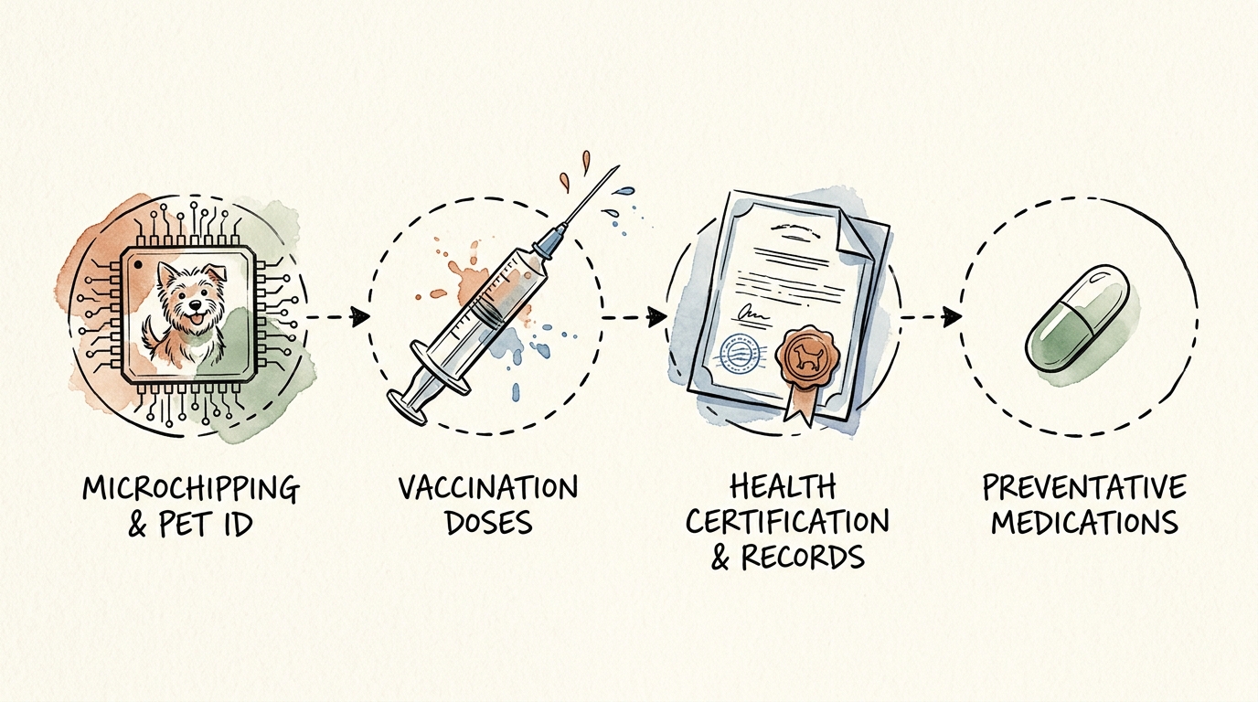 Aquarellillustration einer 4-stufigen Vorbereitungs-Timeline für Haustierreisen mit Mikrochip, Impfung, Zertifikat und Bandwurmbehandlung