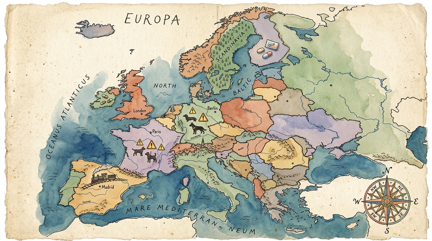Aquarellkarte von Europa mit länderspezifischen Haustierreiseregeln und handgezeichneten Symbolen für Bandwurm, Rasseverbote und Zugrichtlinien