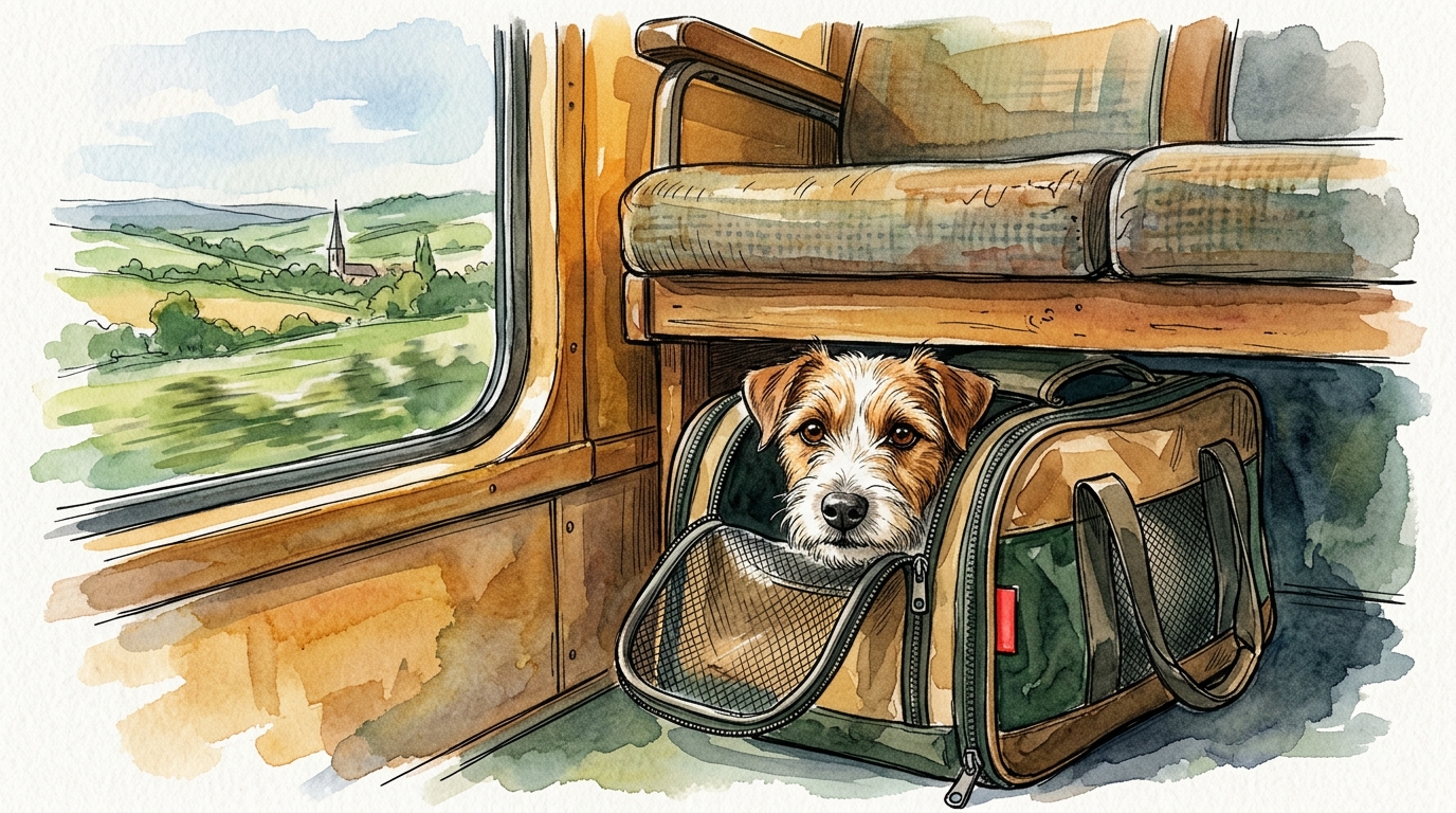 Aquarellillustration eines kleinen Terriers, der aus einer Transportbox unter einem europäischen Zugsitz schaut, mit Landschaft durch das Fenster