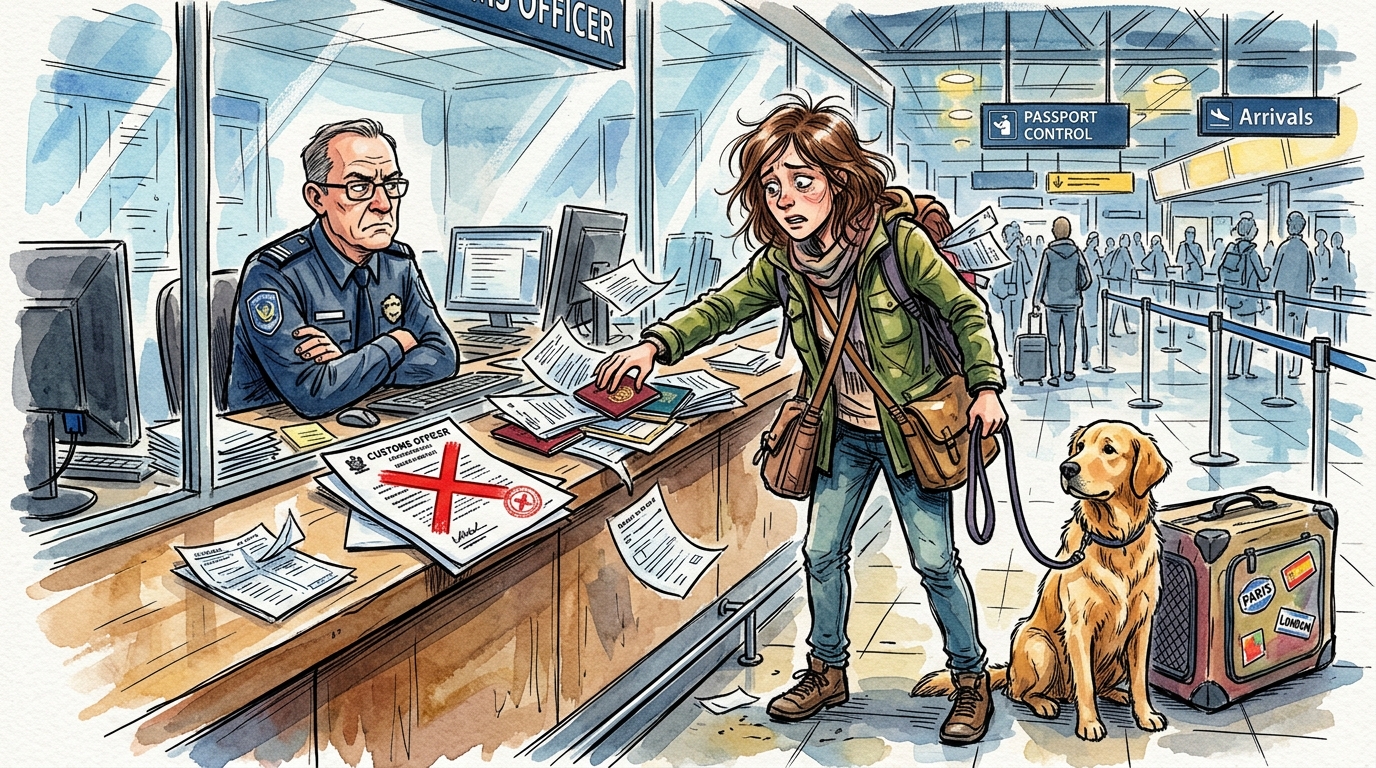 Aquarellillustration eines gestressten Reisenden am Flughafen-Zoll, der Haustier-Reisedokumente durchblättert, während ein geduldiger Golden Retriever neben einer Transportbox sitzt