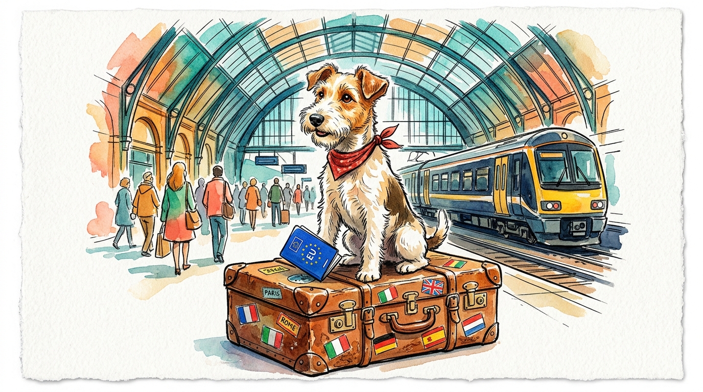 Watercolor illustration of a terrier sitting on a suitcase with an EU pet passport, ready for European travel