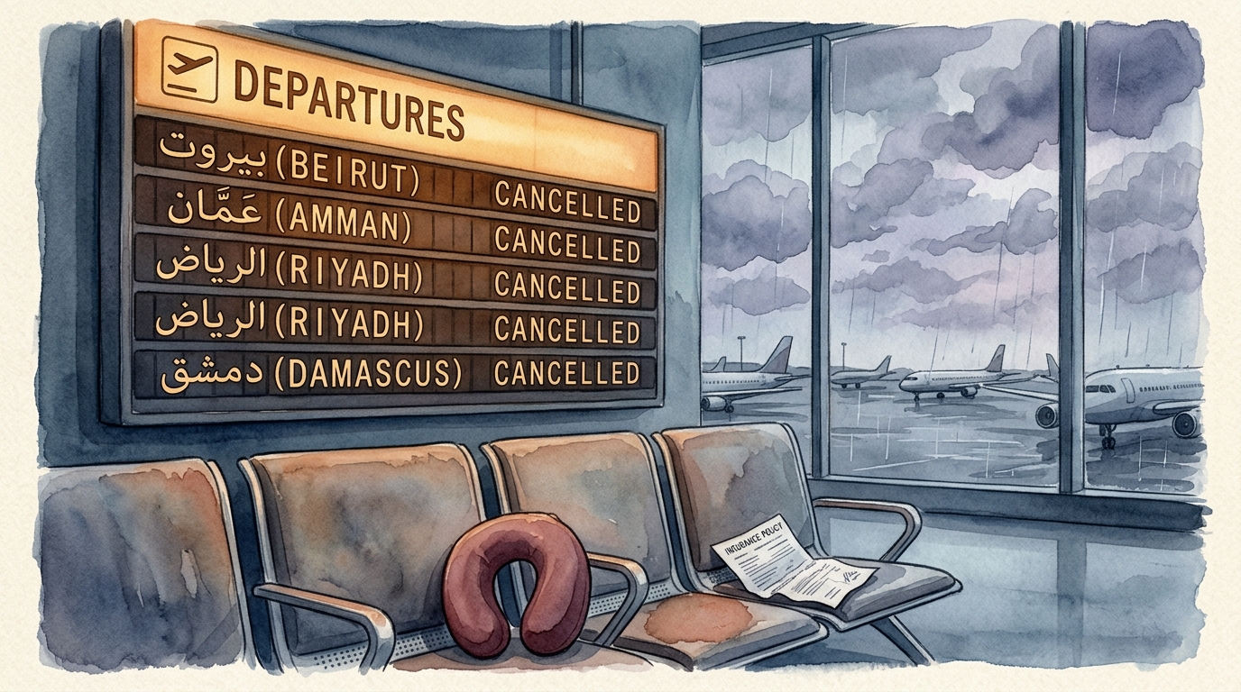 Watercolor illustration of an airport departures board viewed from a distance, showing rows of Middle Eastern destination cities with "CANCELLED" b