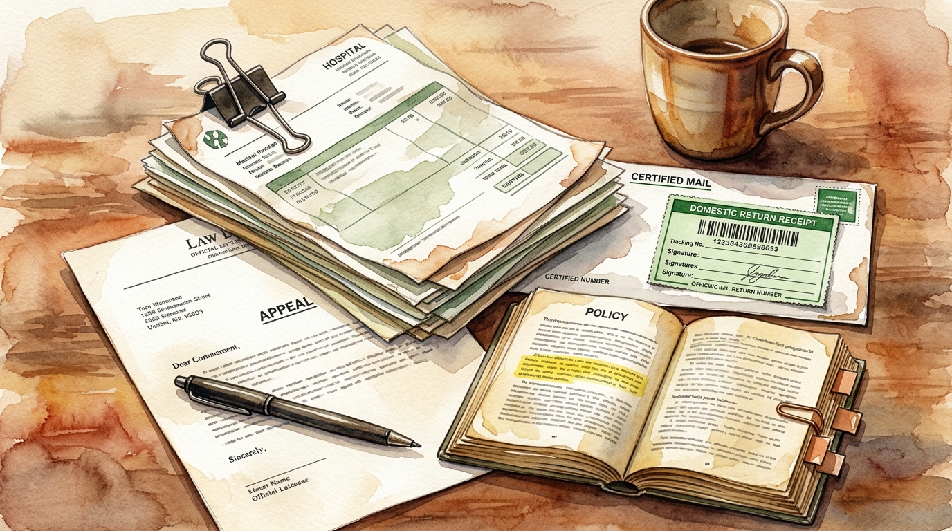 Watercolor illustration of a cluttered desk scene showing the aftermath of a claim fight: a thick stack of medical receipts and hospital documents 