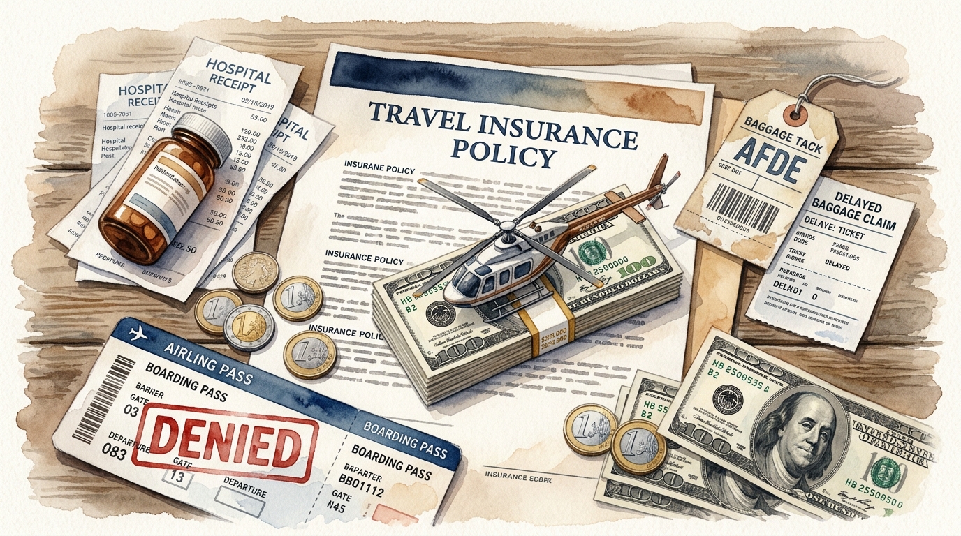 Watercolor illustration of a dramatic symbolic still life: a golden safety net made of fine mesh, stretched across the frame, with a large tear rip, representing travel insurance what does it cover 2026