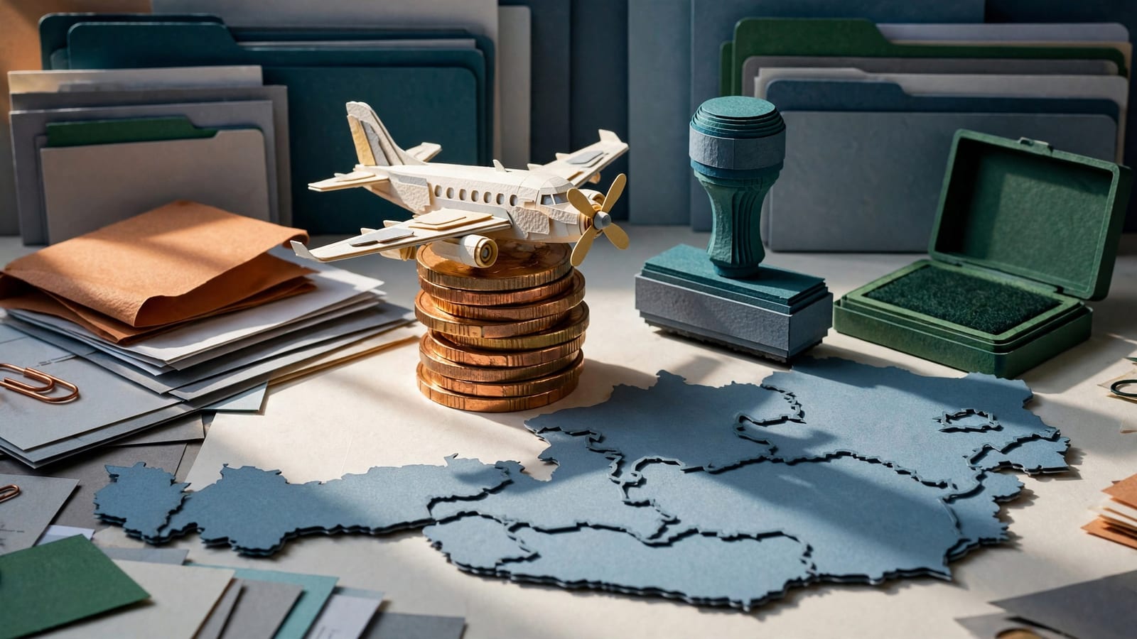A toy plane balanced on a stack of euro coins beside an official rubber stamp