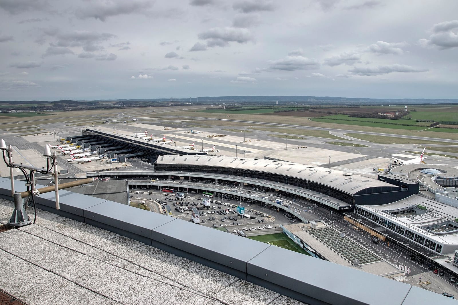Vienna International Airport's terminals and apron seen from the control tower