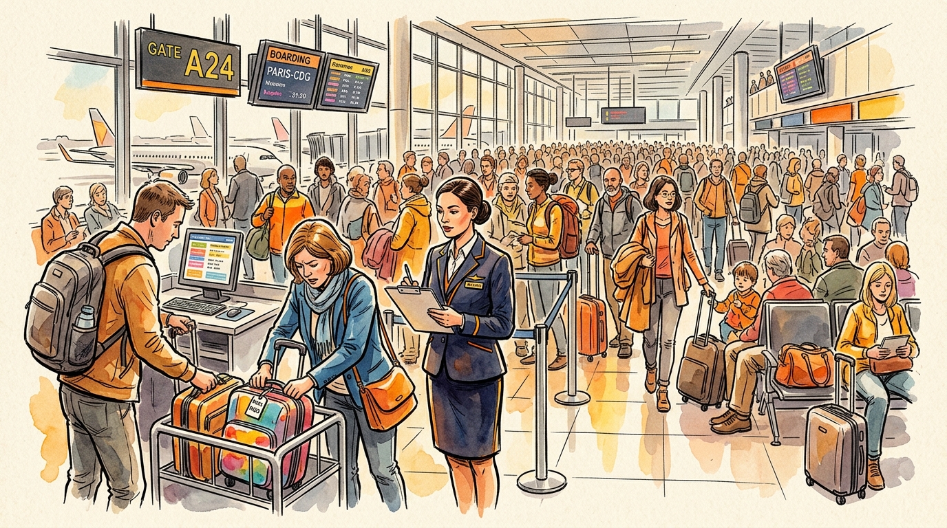 Aquarellillustration zum Thema versteckte Gebühren bei Billigfliegern