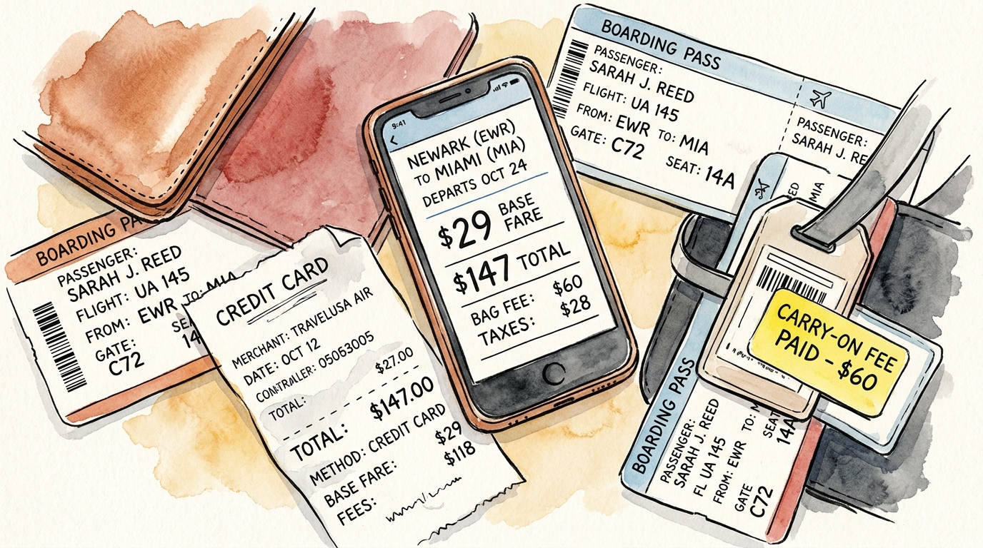 Aquarellillustration zum Thema Gebührenstruktur bei US-Billigfliegern