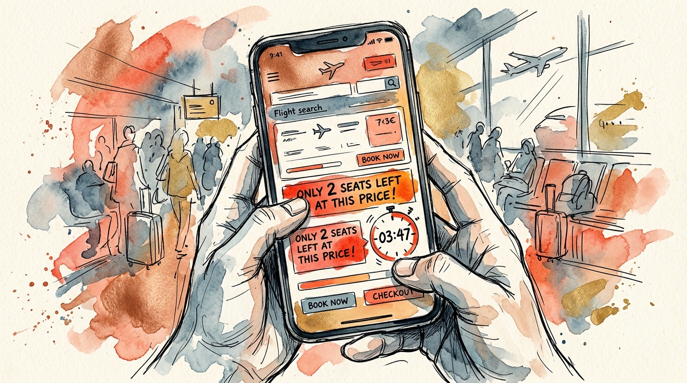 Aquarellillustration zum Thema Dark Patterns bei Airline-Buchungen