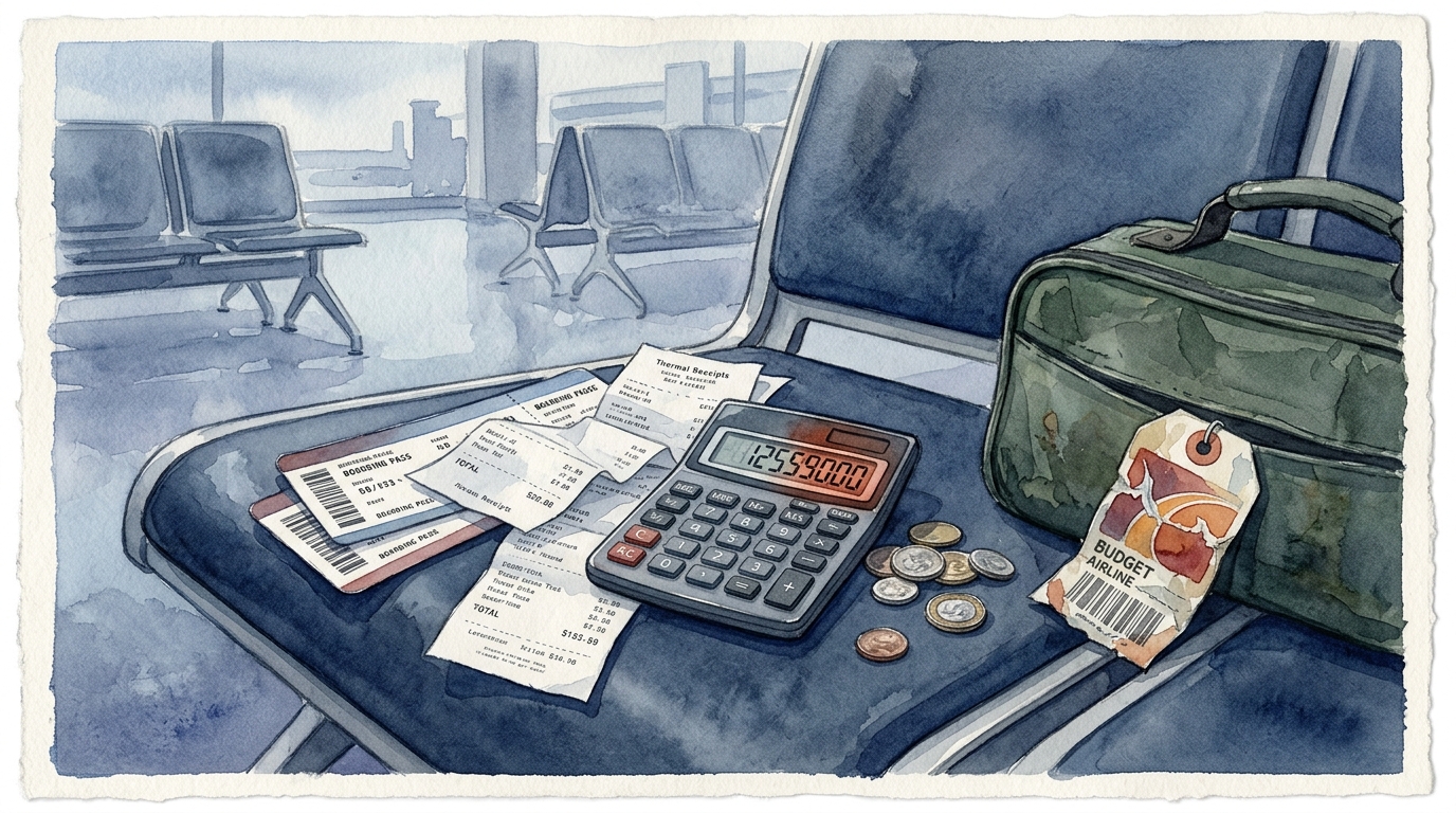 Watercolor illustration of airline boarding passes and receipts scattered on an airport seat with a calculator showing hidden fees total, representing budget airline hidden fees