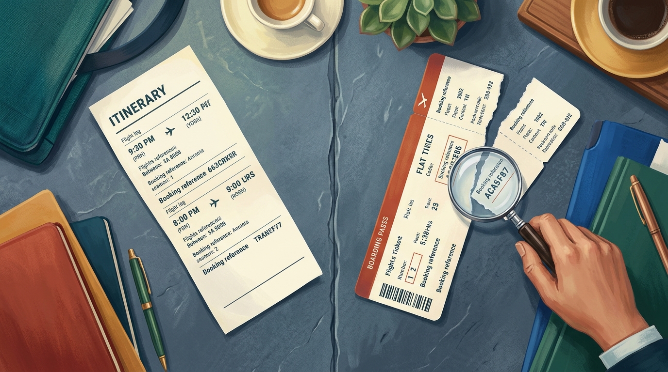 Watercolor illustration of Overhead flat-lay of two boarding passes meeting at a fork on a slate countertop, telling the protected-versus-self-tran