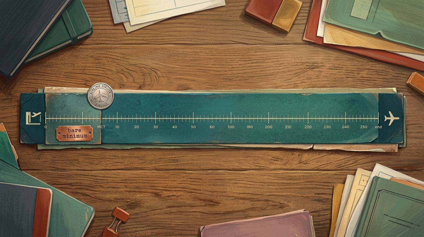 Watercolor illustration of still life of a long horizontal connection-time bar laid across an oak desk, visualizing the gap between MCT and a real 