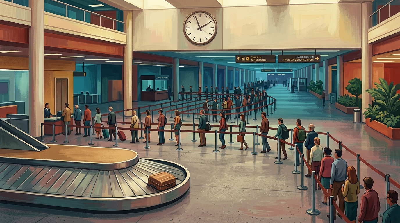 Watercolor illustration of Concept-art scene of a long, snaking immigration and security queue inside a cavernous transfer hall, the line winding b
