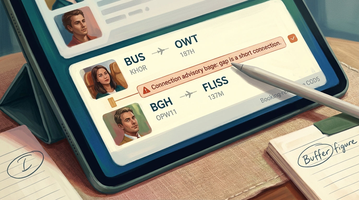 Watercolor illustration of Close, detailed editorial rendering of a flight-search results card on a tablet propped on a linen-covered desk, focused