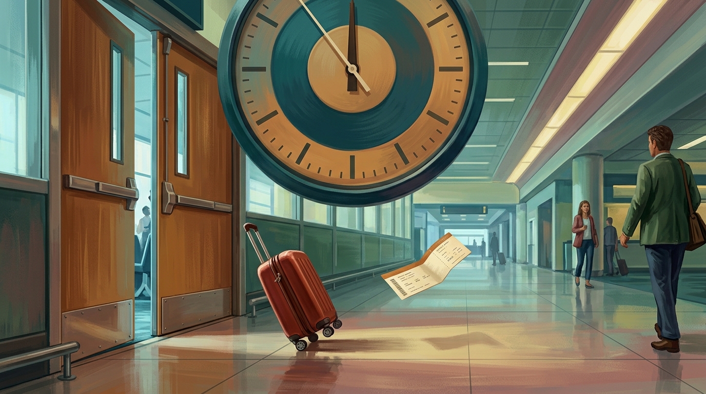 Watercolor illustration of Dramatic scale-contrast still life: a tiny suitcase on small spinner wheels racing across a polished terminal floor towa, representing how much time between connecting flights