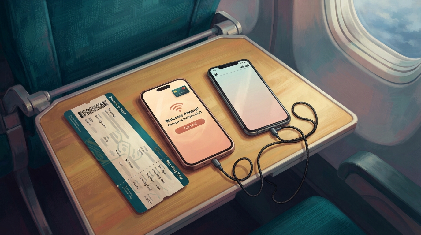 Editorial illustration of Overhead flat-lay on a fold-down airplane tray table: a boarding pass rests beside a smartphone glowing with a wifi logi