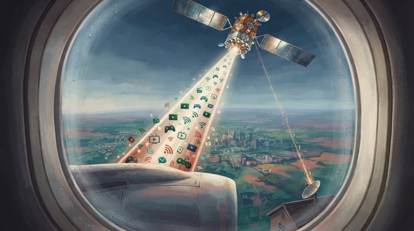 Editorial illustration of Looking through an airplane window at a satellite directly overhead, a broad beam of light connects it to the aircraft's