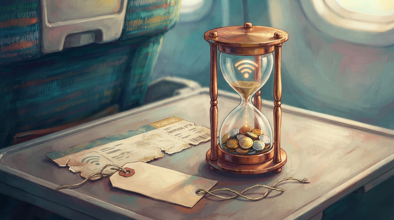 Editorial illustration of still life of a small brass hourglass resting on an airline tray table, its sand rendered as tiny glowing wifi signal ba