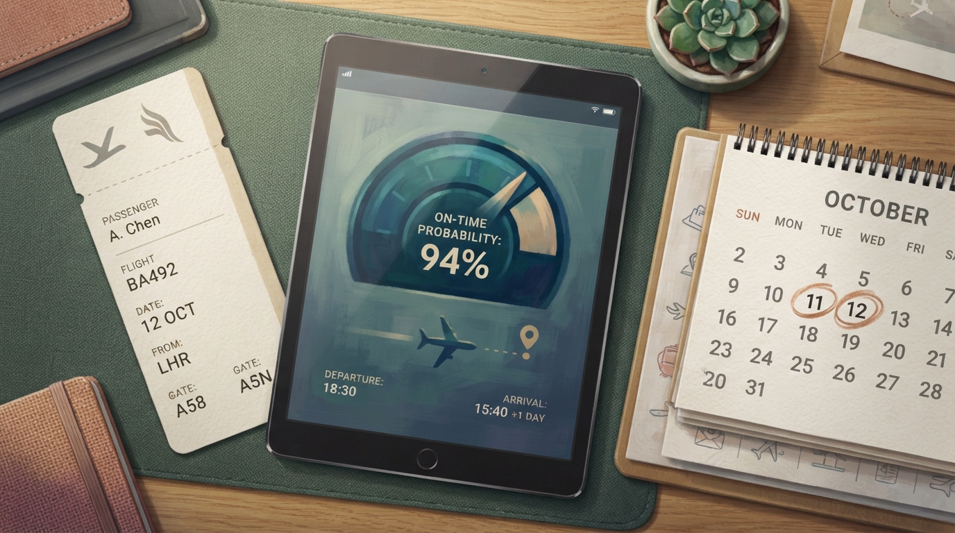 Editorial illustration of Overhead flat-lay of a paper boarding pass with a visible flight number, positioned beside a tablet screen displaying a 