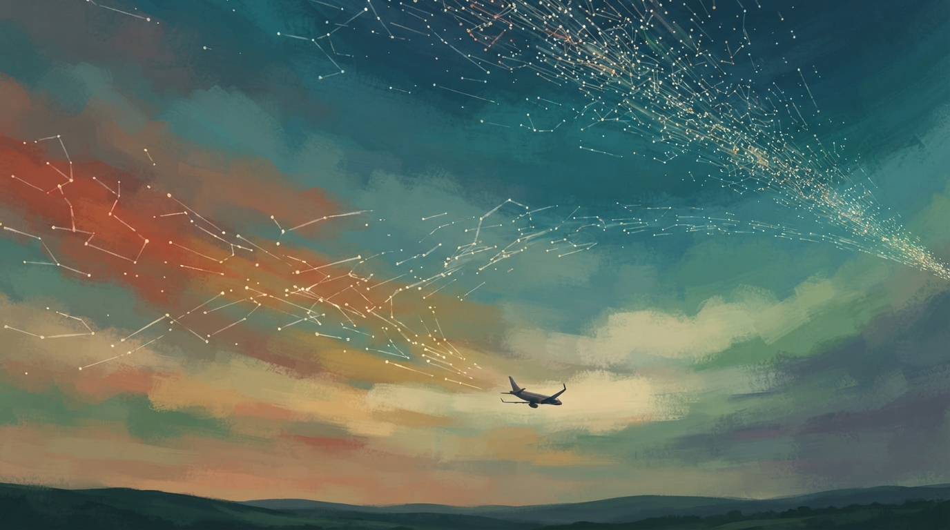 Editorial illustration of A wide sky view split between two distinct satellite constellations: one dense cluster of small bright trails sweeping t