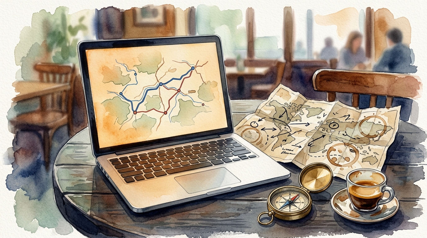Aquarellillustration eines Laptops mit Kartenroute neben einer zerknitterten Papierkarte mit handschriftlichen Notizen und Kaffeeflecken
