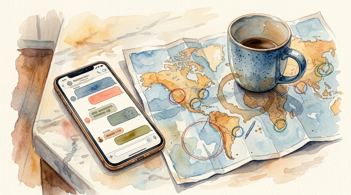 Watercolor illustration of a phone screen lying face-up on a kitchen counter, showing a chaotic group chat with many unread message bubbles