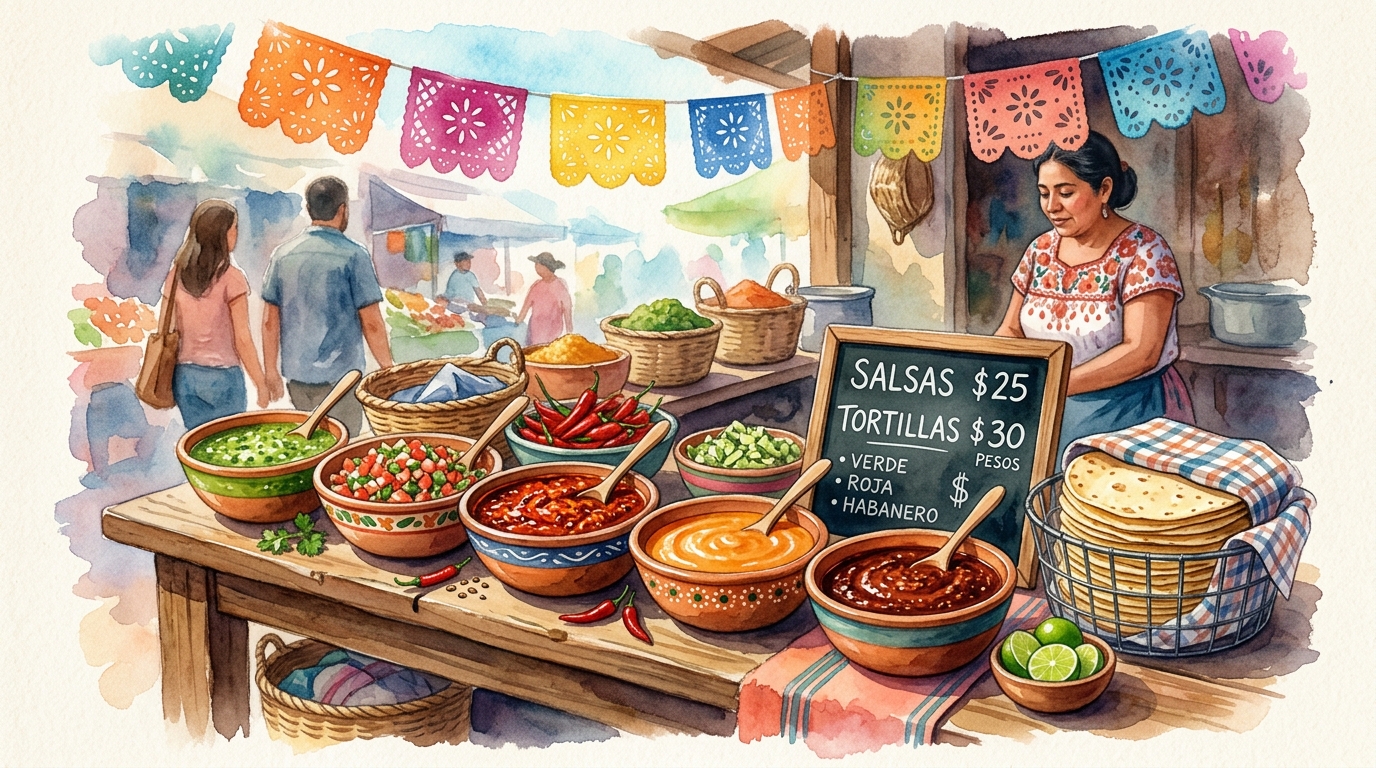 Watercolor illustration of a vibrant Mexican food market stall viewed from close range, showing a row of colorful clay bowls filled with different 