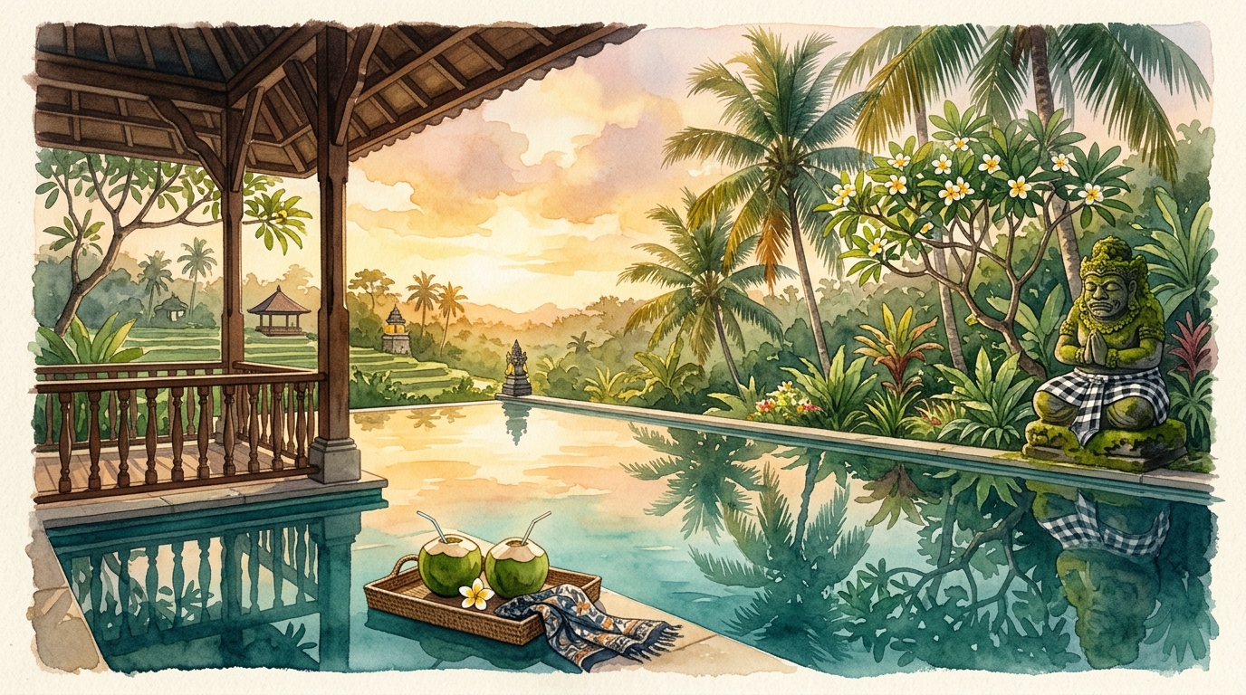 Watercolor illustration of a Balinese villa infinity pool at golden hour, viewed from the covered terrace
