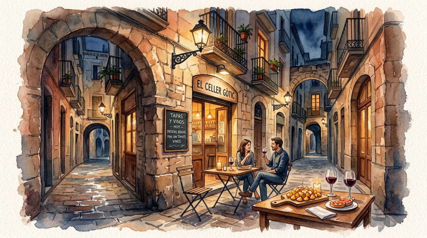 Watercolor illustration of a narrow Barcelona Gothic Quarter alley at evening, with warm light spilling from a tapas bar onto worn cobblestones