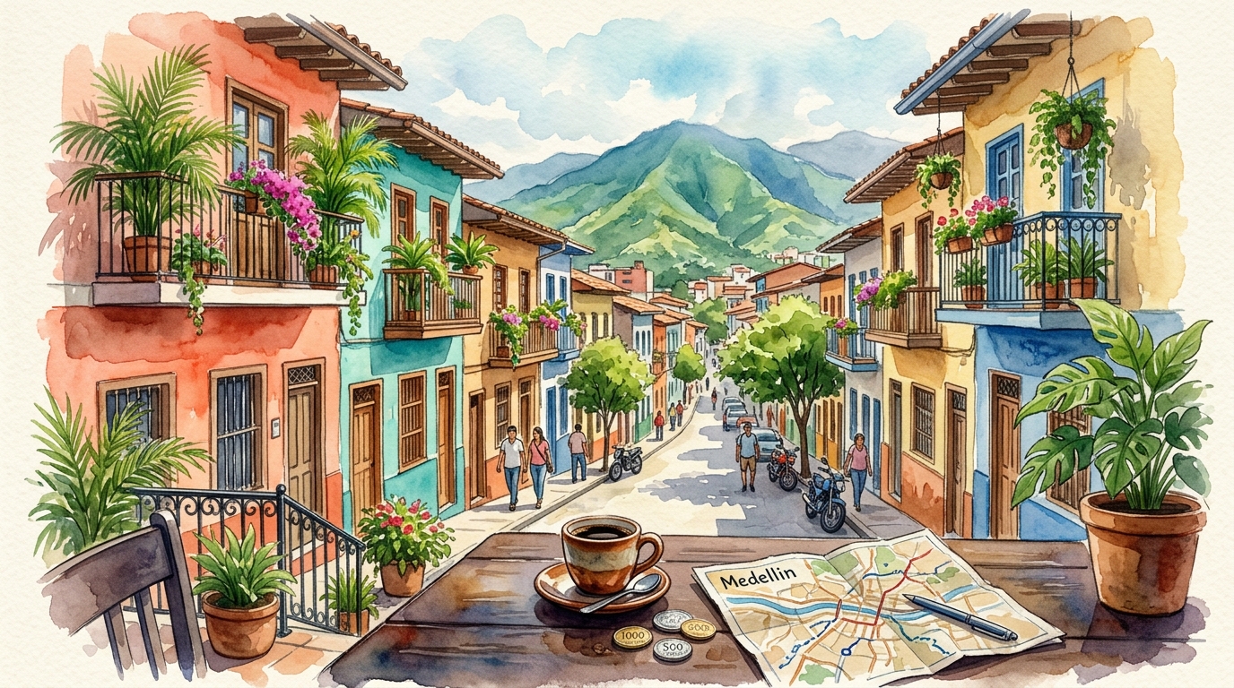 Watercolor illustration of a vibrant Colombian street in Medellin's Laureles neighborhood, viewed from a shaded cafe terrace