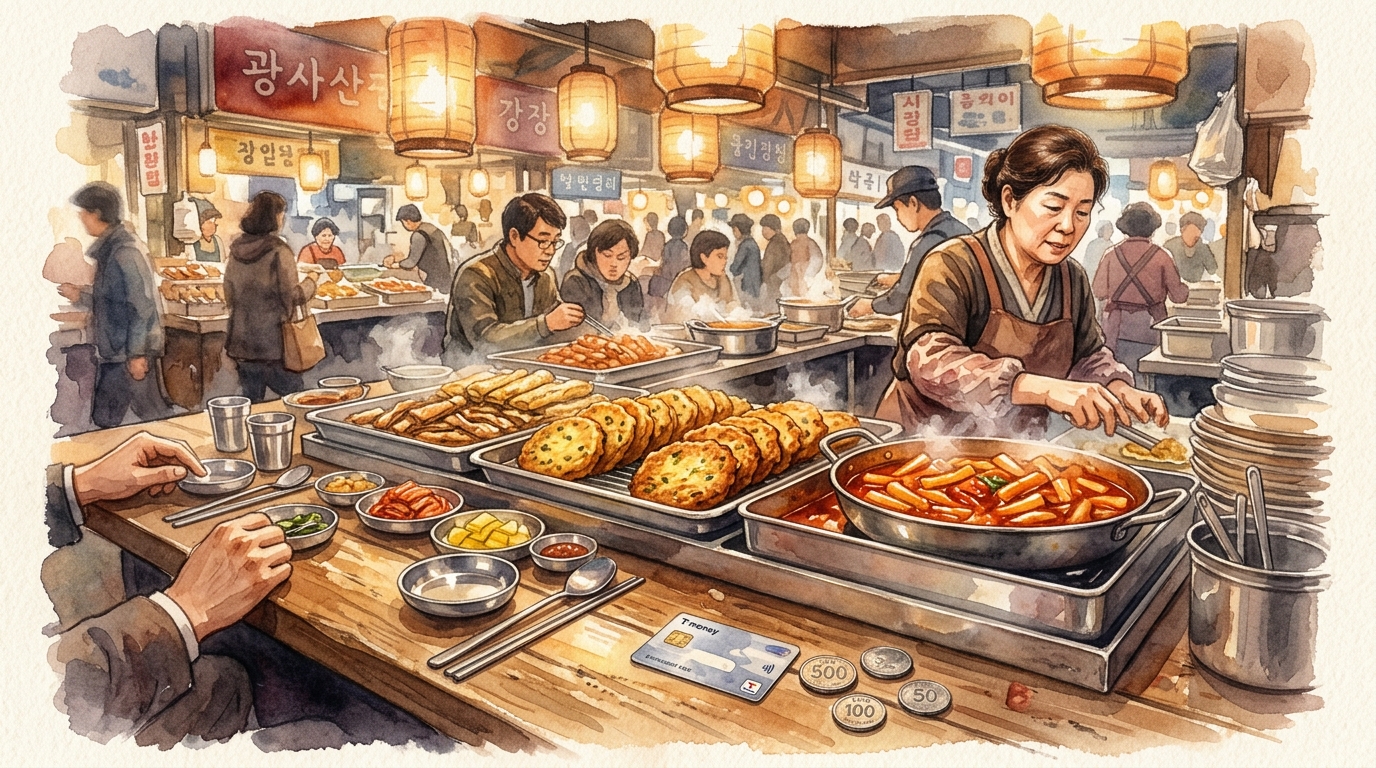 Watercolor illustration of a Gwangjang Market food stall in Seoul, viewed from the counter