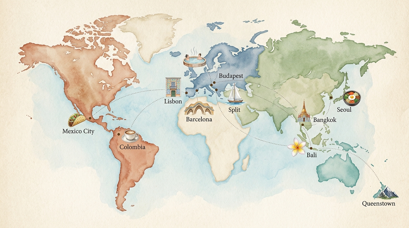 Watercolor illustration of watercolor illustrated world map on aged cream paper, showing ten marked destination points connected by dotted travel r