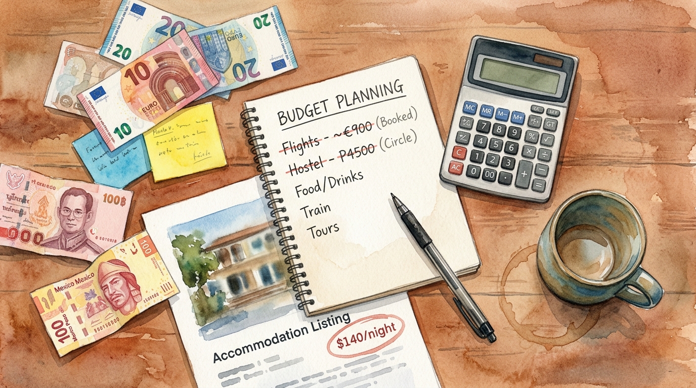 Watercolor illustration of watercolor overhead flat-lay showing a planning scene on a worn wooden kitchen table