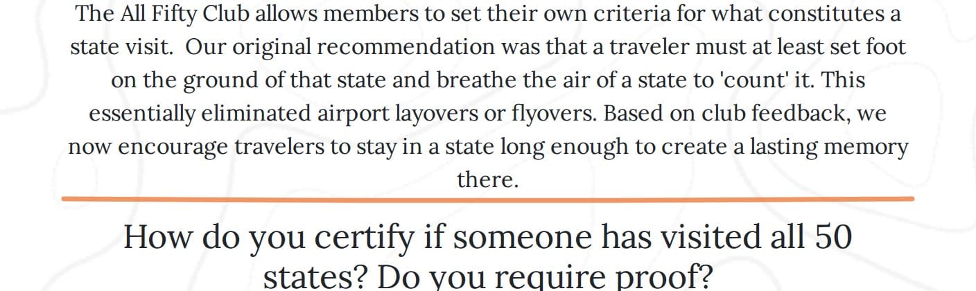 The All Fifty Club FAQ after its original set-foot rule, now encouraging a stay long enough to create a lasting memory